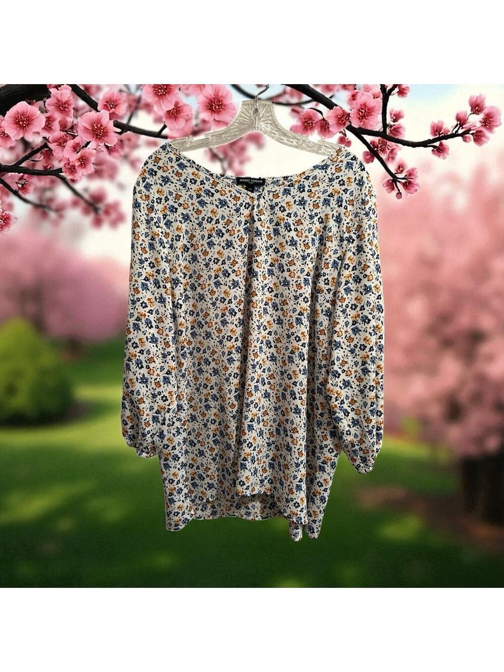 Mario Serrani Italy V-Neck Tunic Top Womens Large Multicolor Floral Blouse